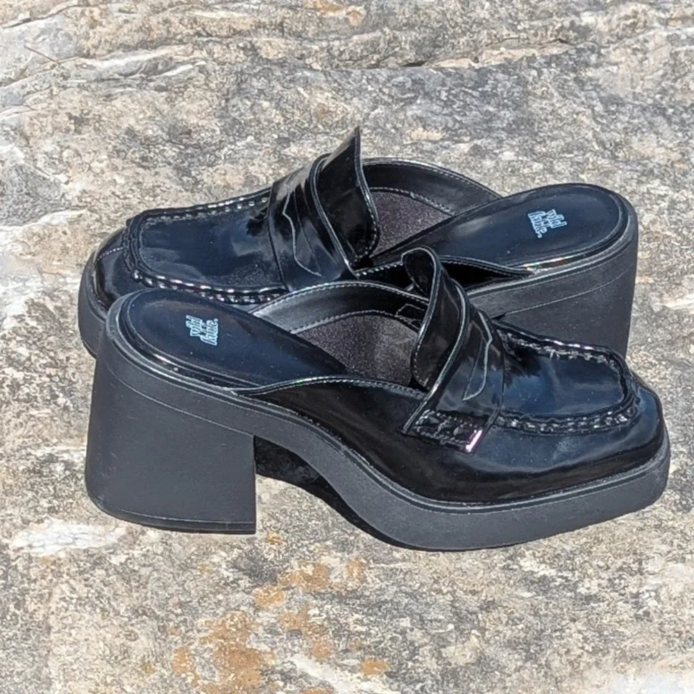 Y2K Goth Chunky Platform Loafer Mules Black Patent Wild Fable 8.5 Whimsigoth